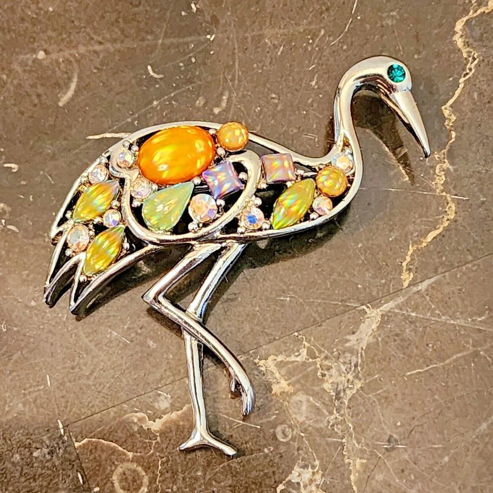 Vintage Silver Multi Color Flamingo Brooch